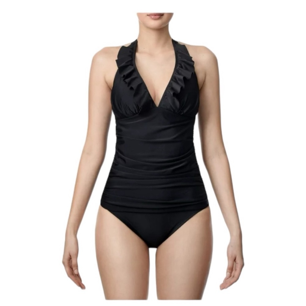 Ellen Tracy Ruffle Neck Halter One Piece Swimsuit in Black NWT Size 10